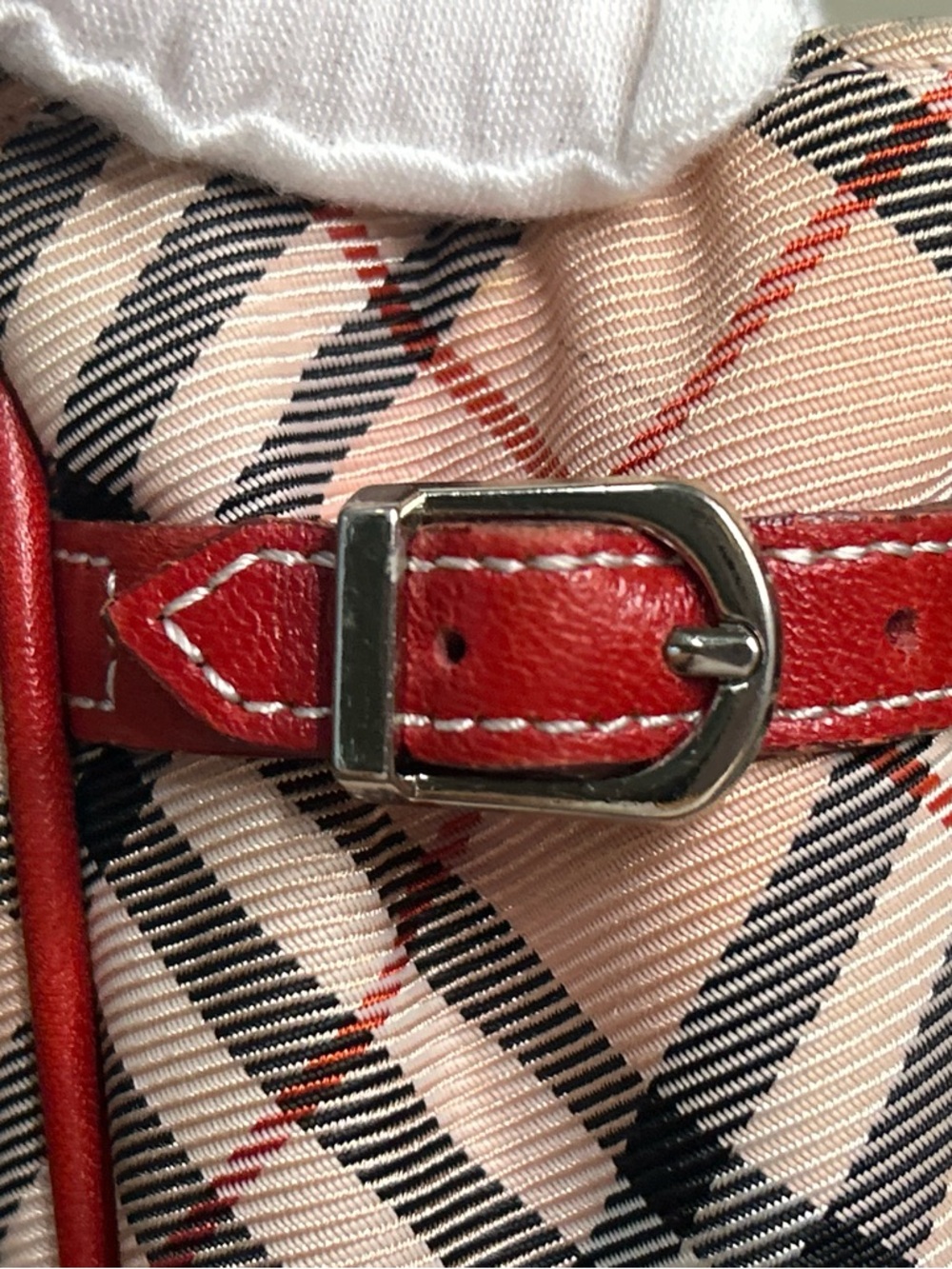 Vintage Burberry Nova Check Tote Bag Red Leather Trim Beige Plaid Shoulder Bag - Picture 11 of 13